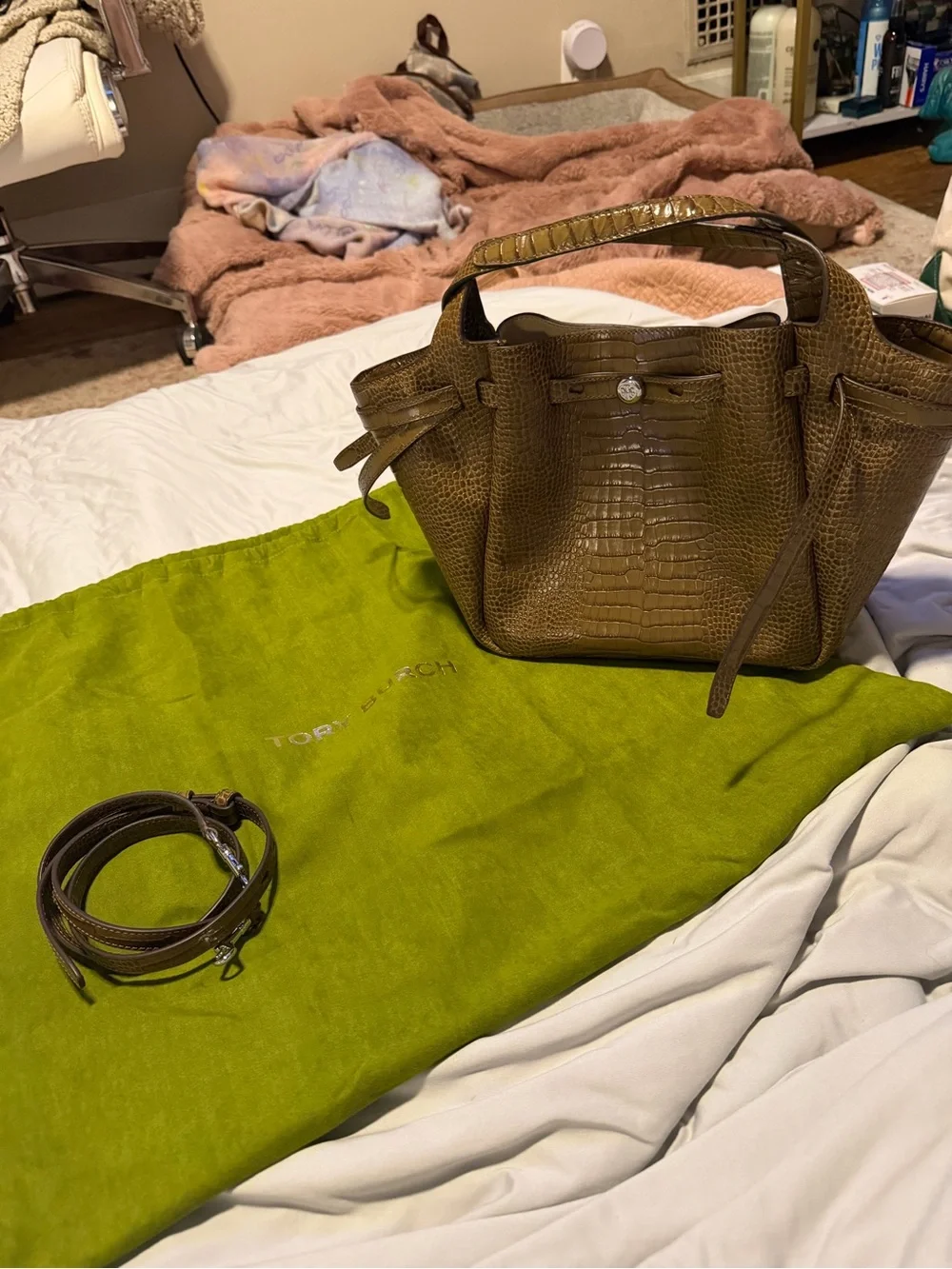 Tory Burch Olive Croc-Embossed Romy Tote with shoulder strap. “Never worn”